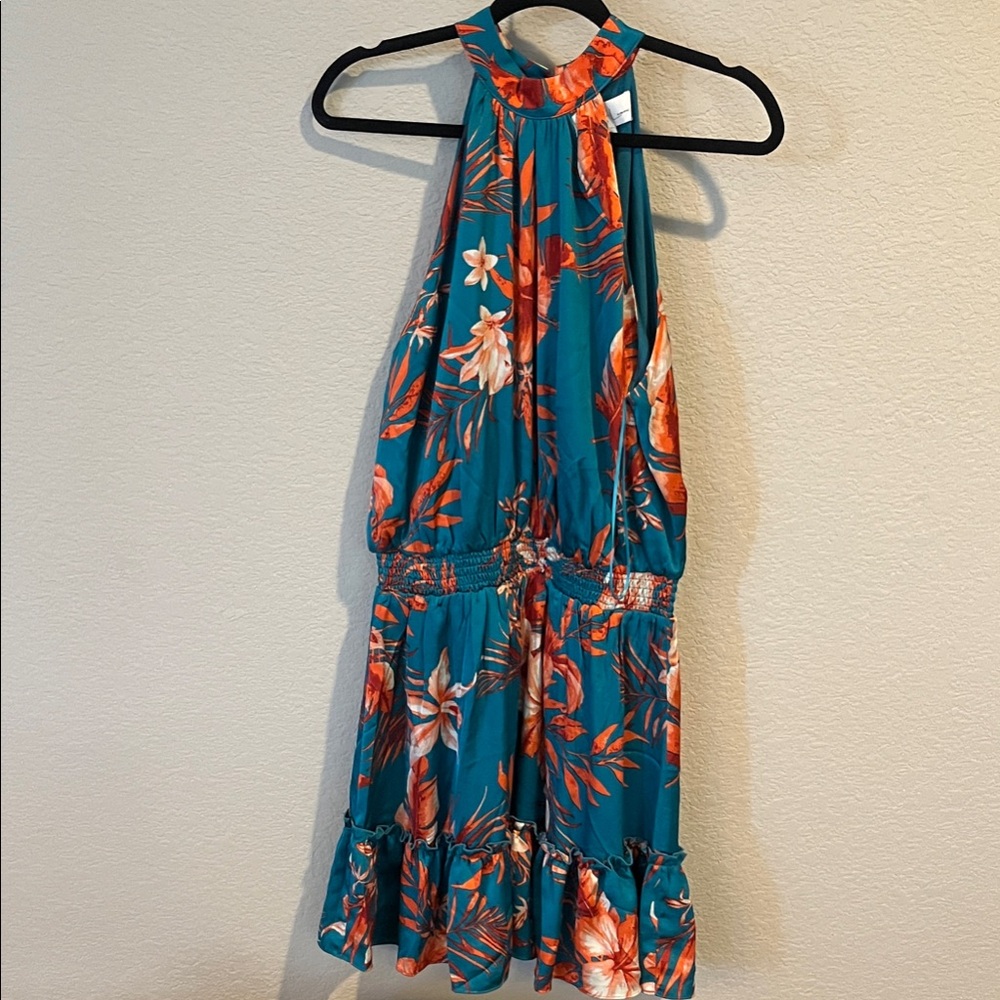 Teal Floral Halter Summer Dress